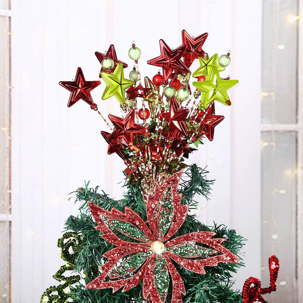 17" Red Green White Christmas Tree Topper Star Beads Sequin Decor