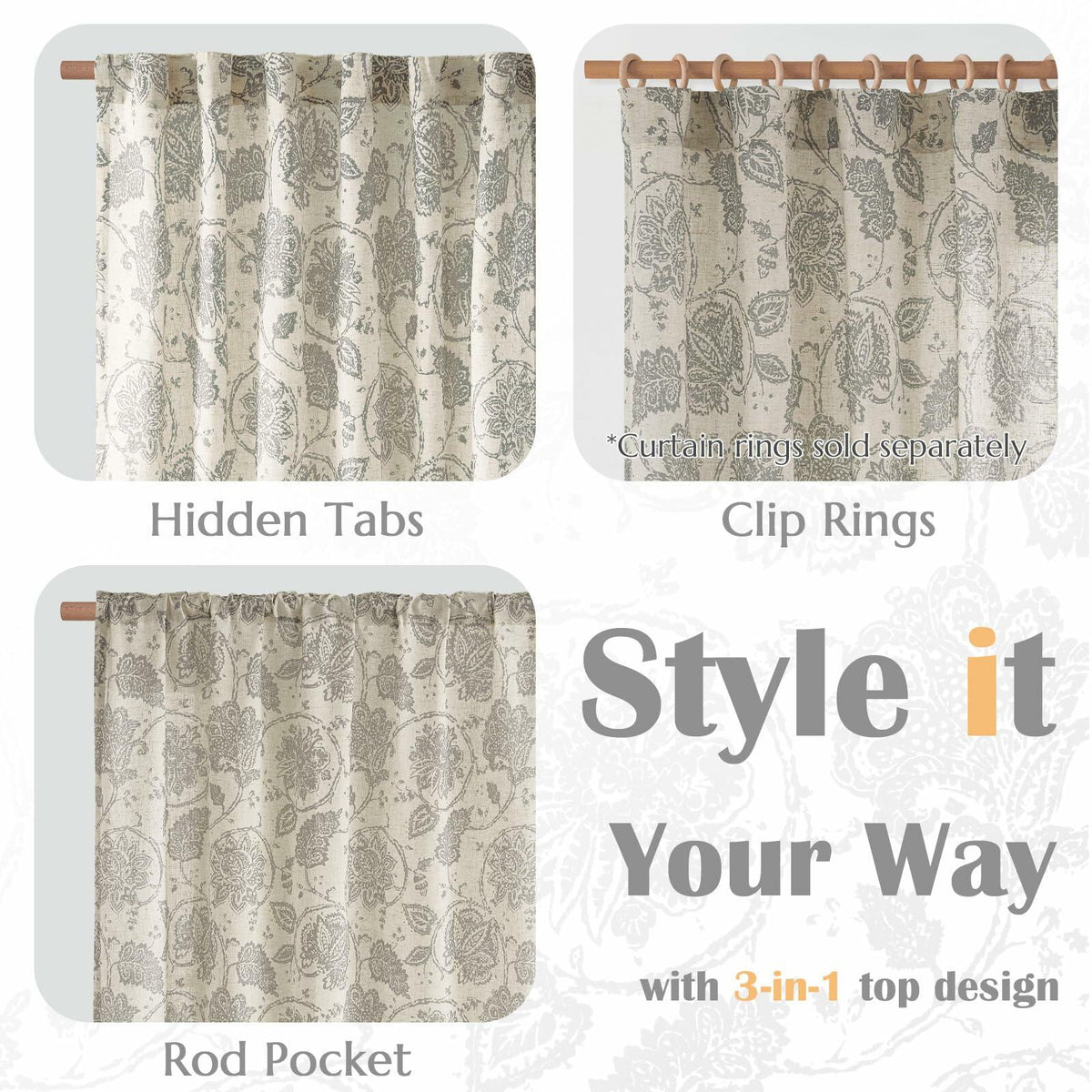 [Like_new] jinchan Linen Curtains Gray Floral Paisley 63in Length 2 Panels