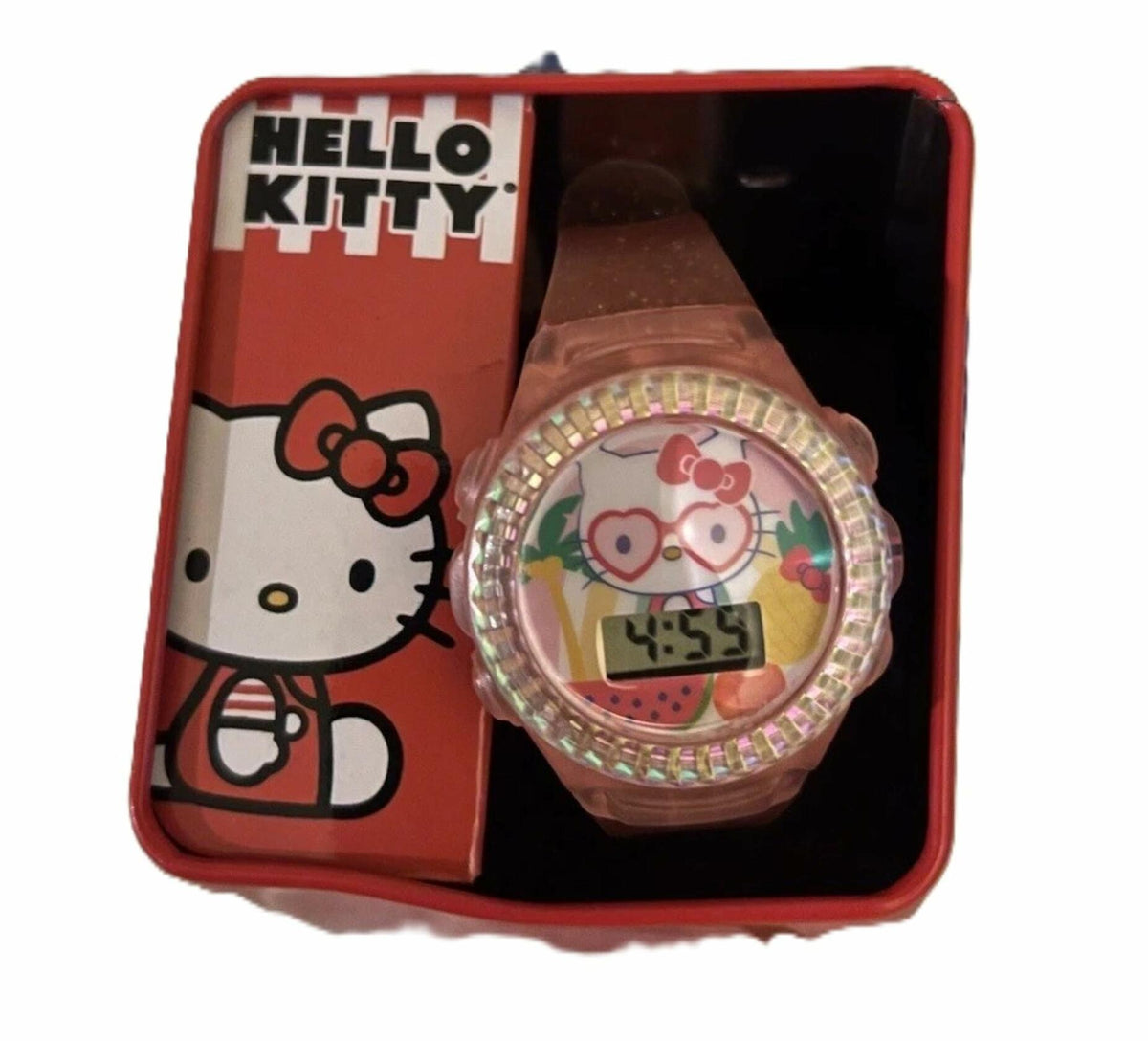 [Like_new] Sanrio Hello Kitty Kids LCD Watch Pink Glitter Strap Adjustable Fit 5.5-8"