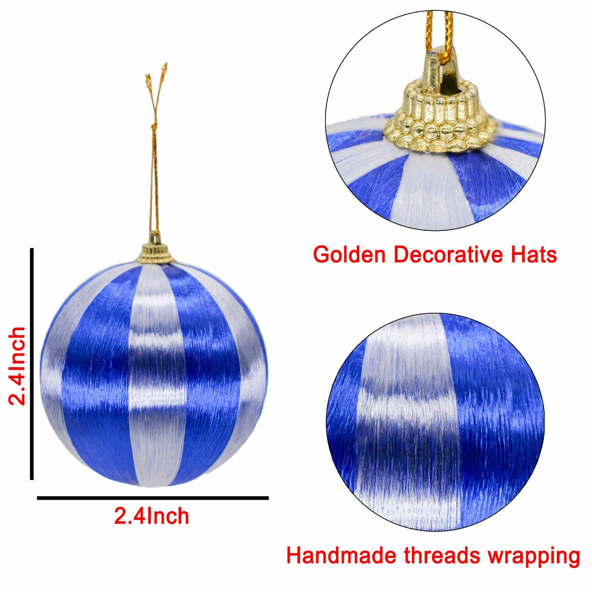 12 Pcs Christmas Thread Wrapped Balls Ornaments 2.4 Inch Holiday Decor