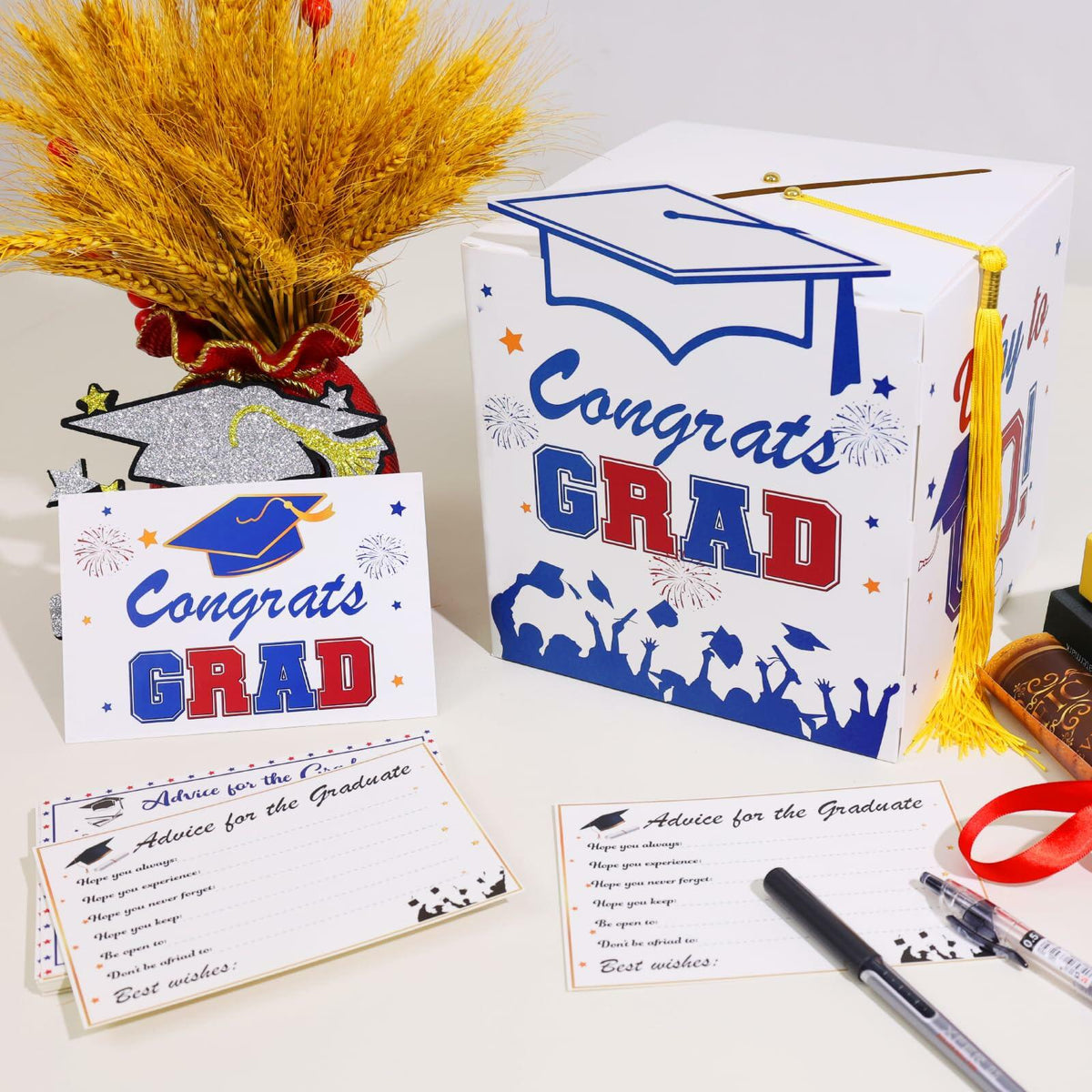 Premium Graduation Card Box Holder with 12 Cards and Tassel, Classic Design