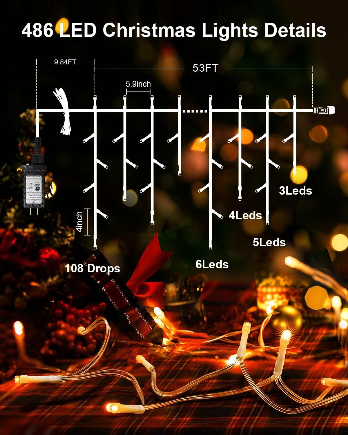 JIXXULVU 2 Pack 53FT 486 LED Outdoor Waterproof Timer Warm White