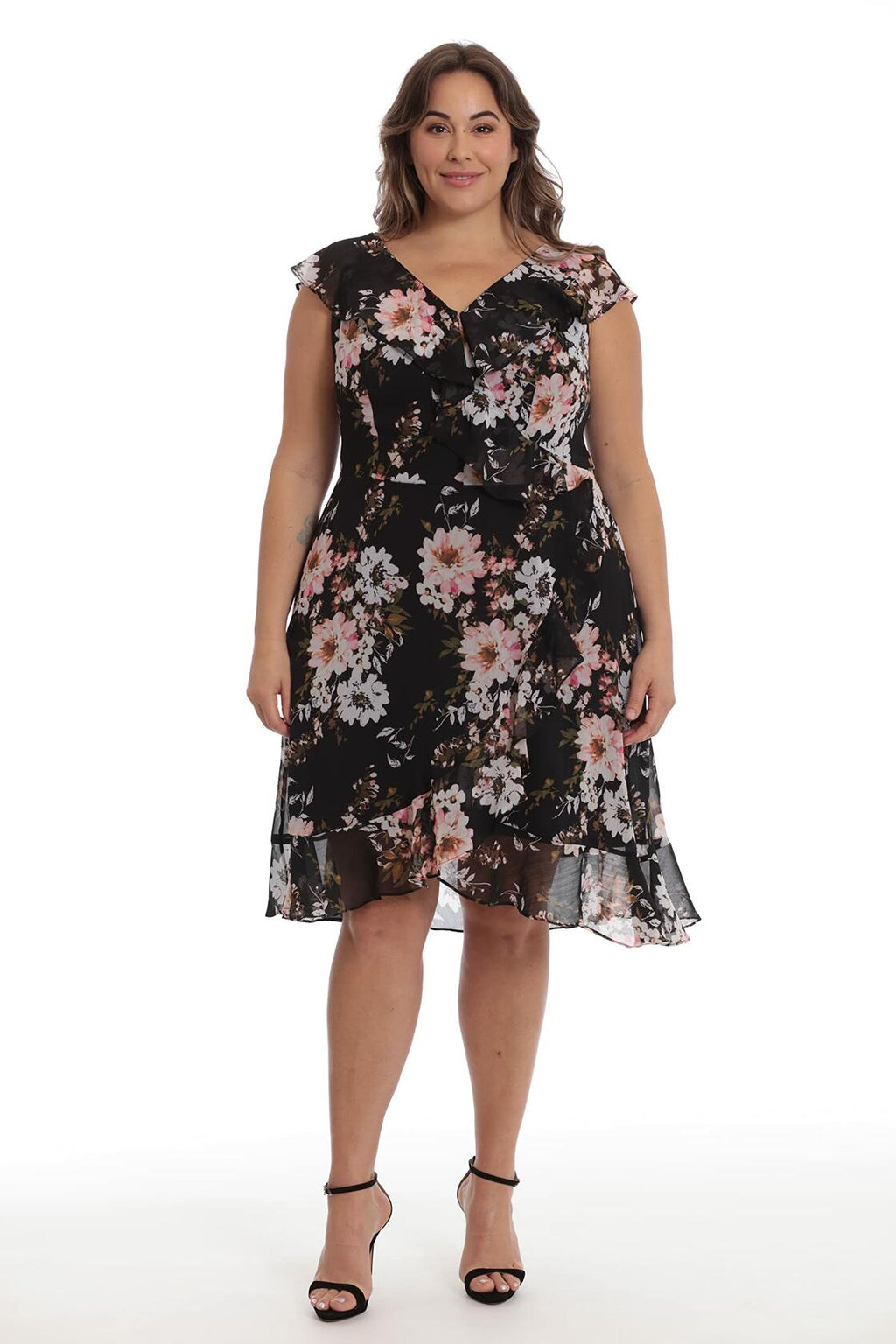 [Like New] London Times Women's Chiffon Ruffle Dress Black/Blush Size 14
