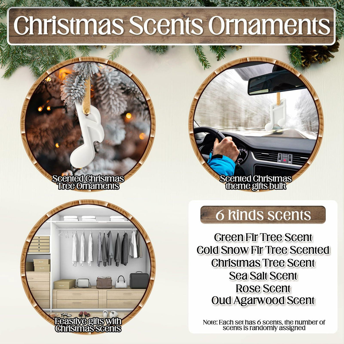 Heigble 6 Sets White Music Note Christmas Tree Hanging Scented Ornaments