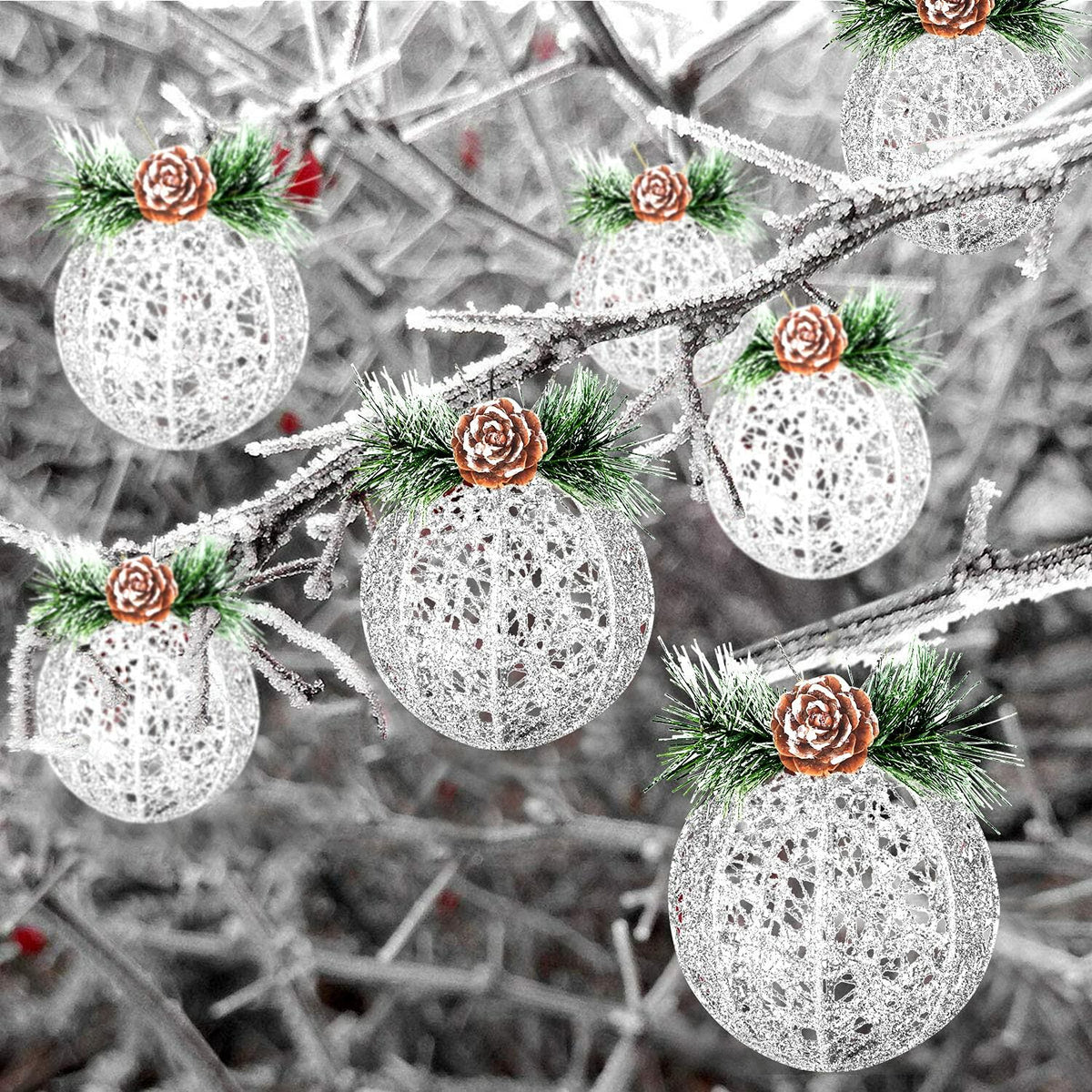 [Like New] ZHANYIGY Christmas Ball Ornaments 4pc Silver Pinecone Rattan String Size S