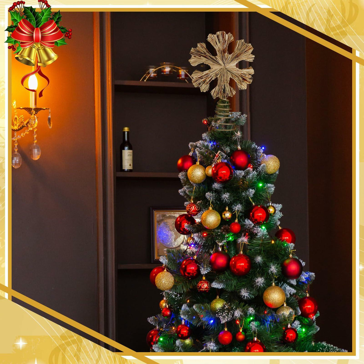 Cinnvoice Snowflake Christmas Tree Topper 11" Champagne Gold Glitter