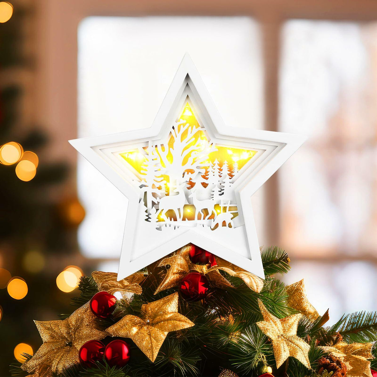 Rustic Wooden Christmas Reindeer Tree Topper Lighted Star 11x11 Inch