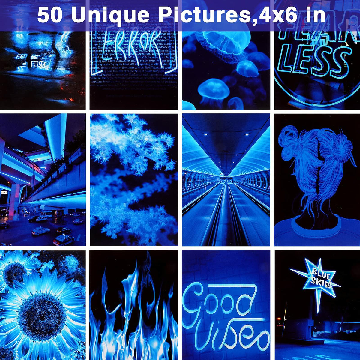 Ctosree 50 Pcs Blue Neon Wall Collage Kit 4x6 Inches Indie Room Decor