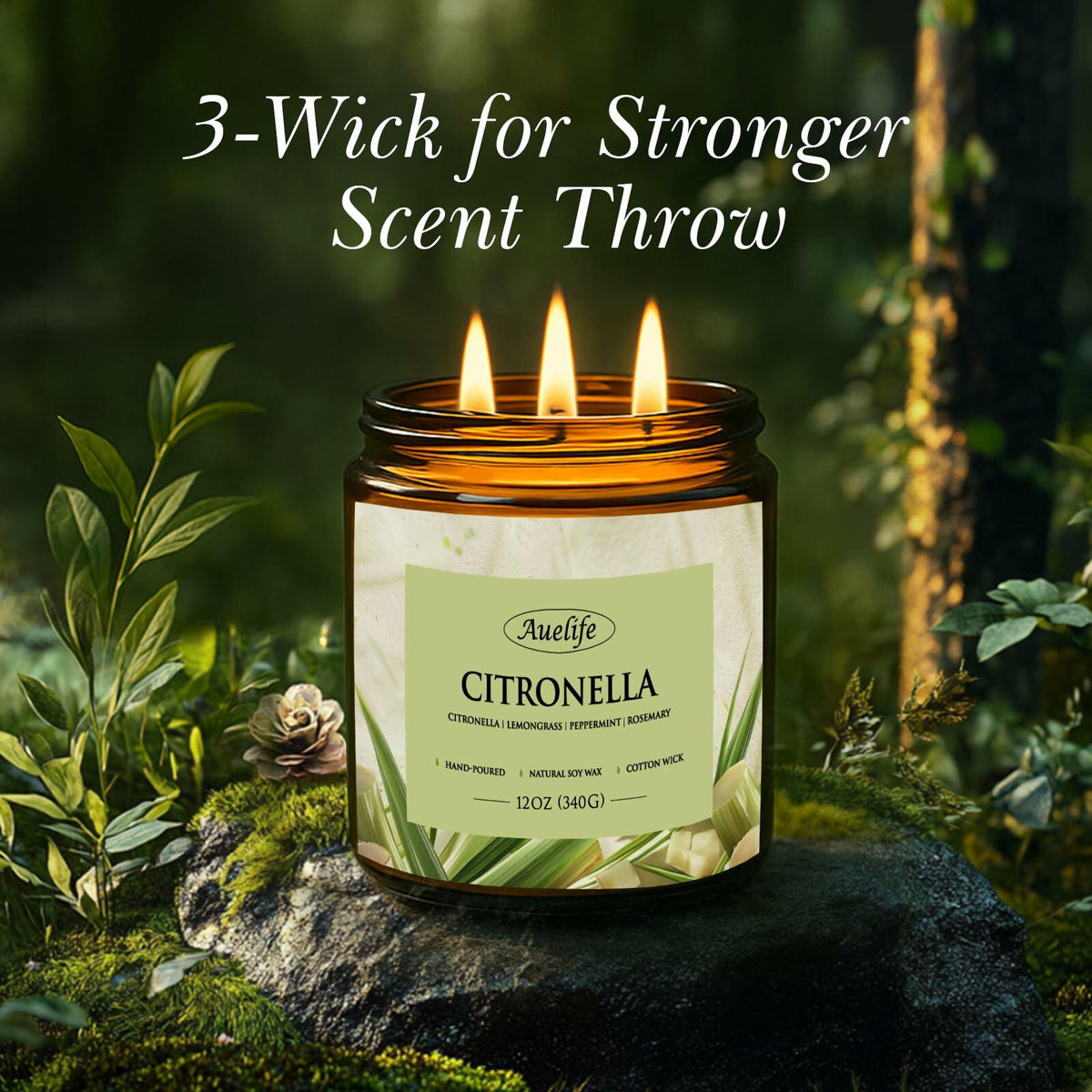 Auelife 12oz Citronella Candle 3 Wick Soy Wax Long Lasting Outdoor Indoor
