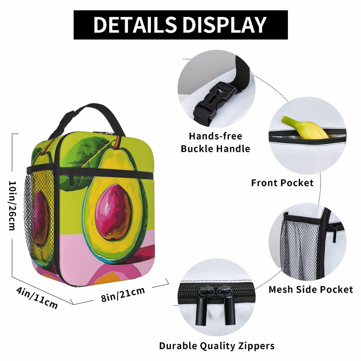 cromcu Avocado Insulated Lunch Box Pink Reusable Cooler 1.37L Polyester