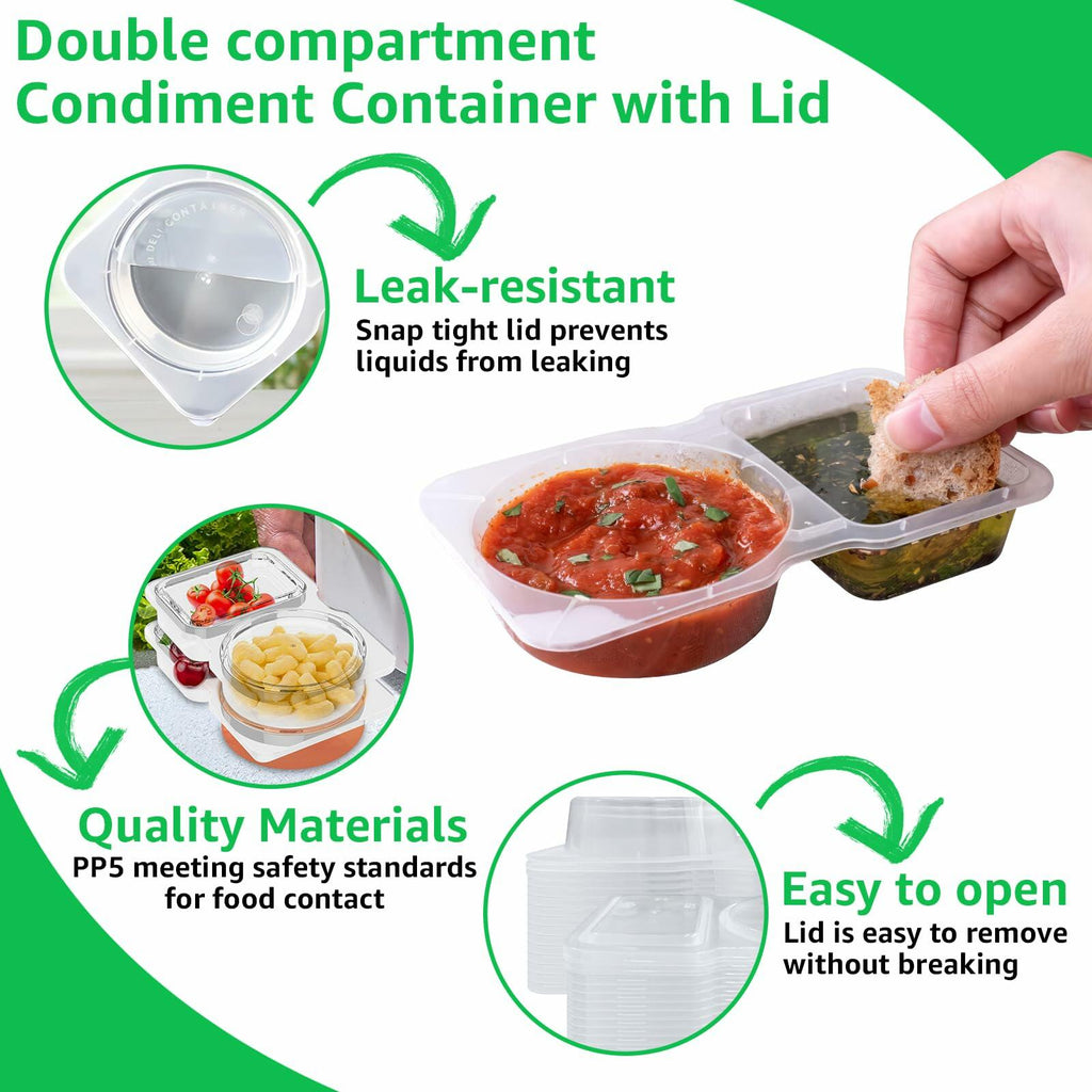 Double Compartment Condiment Containers with Lids 16 PCS Plastic Reusable