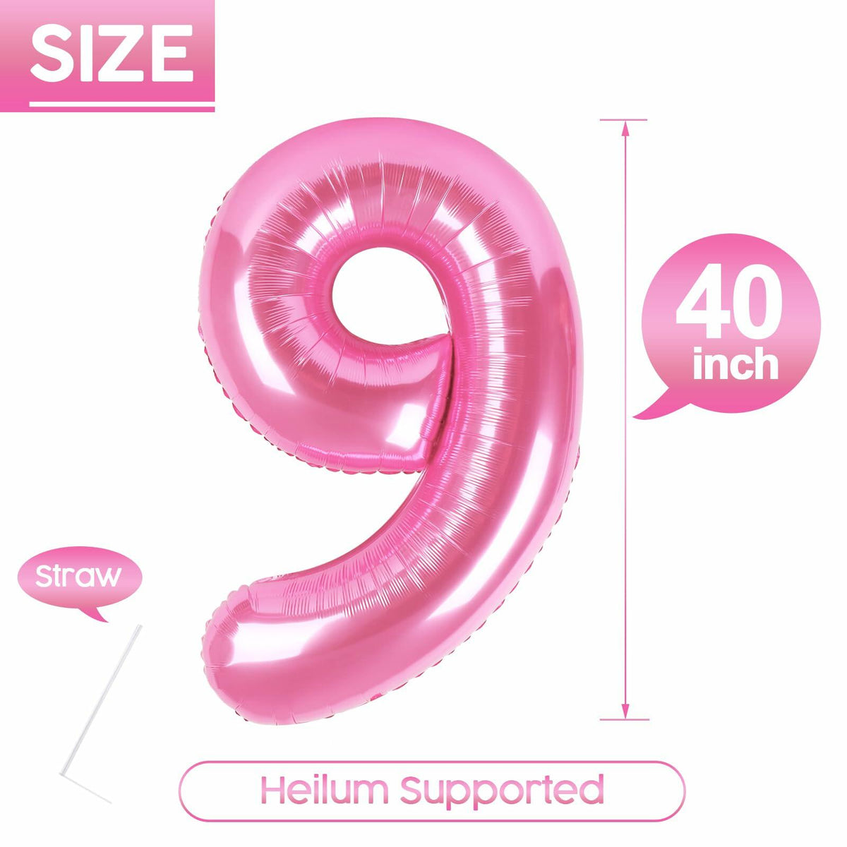 40in Pink Number 9 Balloon Large Foil Birthday Decoration for Men Women Kids