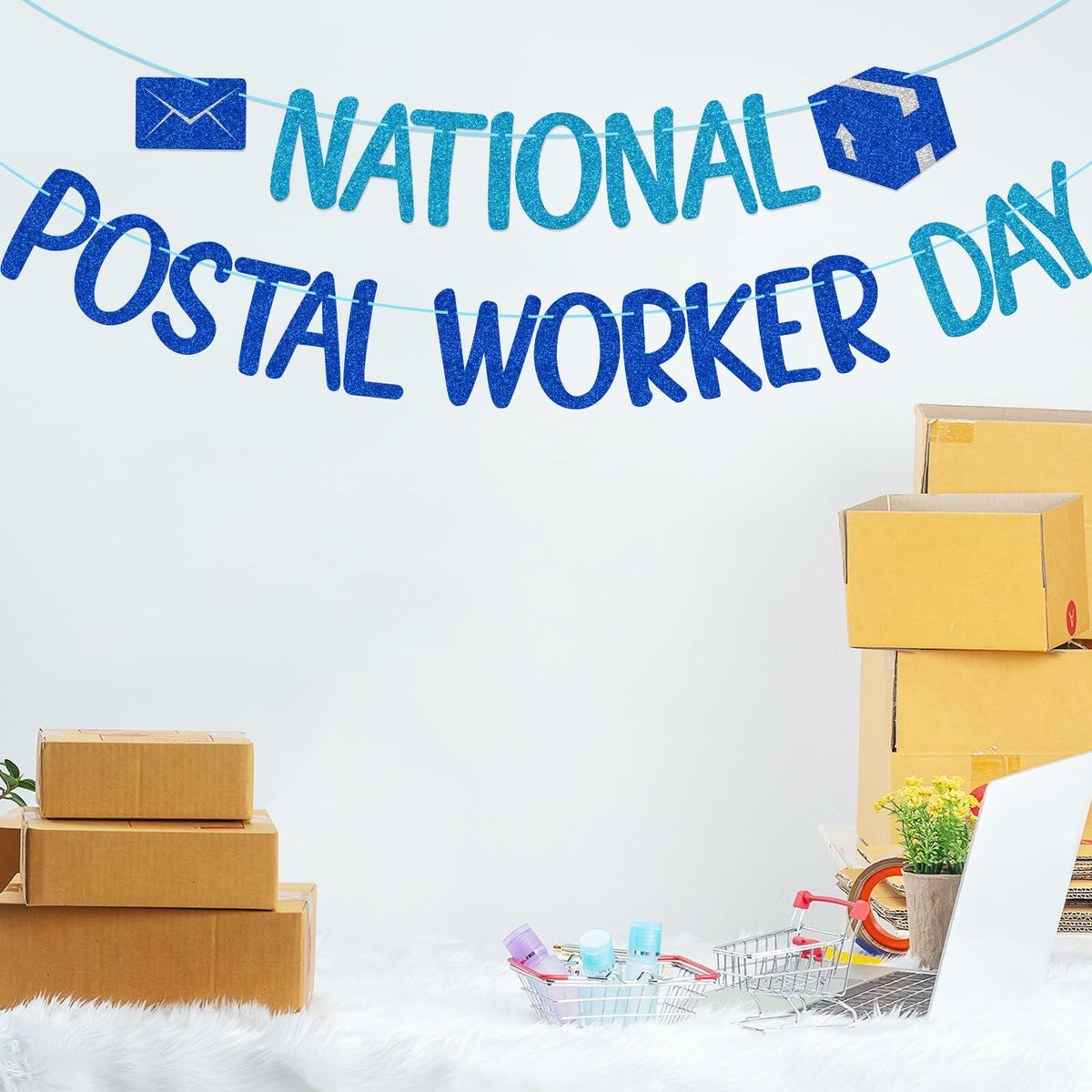 FOZEE Postal Worker Day Banner Blue Glitter Cardstock Decoration