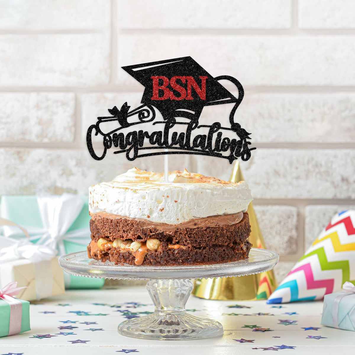 RLXPT Congratulations BSN Cake Topper Black Red Paper Nurse Grad 2025