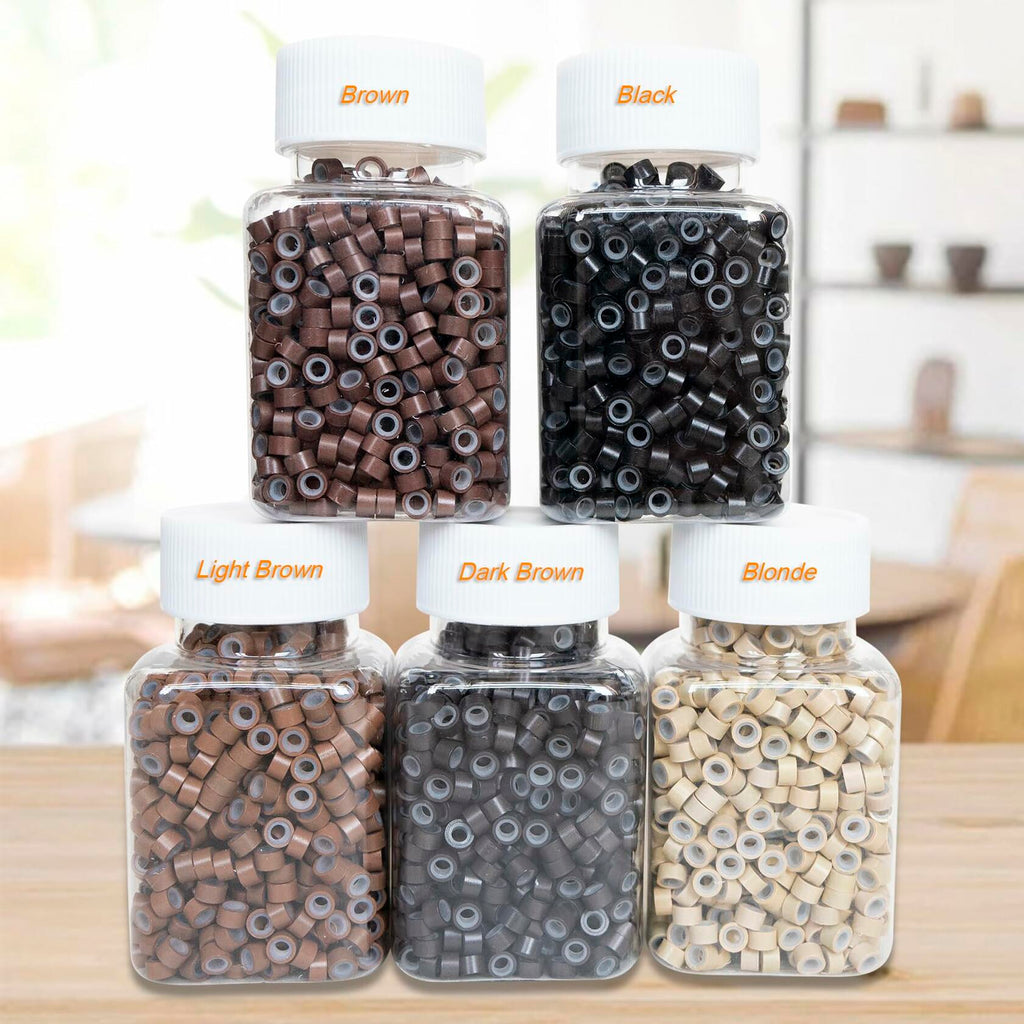 coloryoung 1000pcs 5mm Silicone Lined Micro Beads Hair Extensions Dark Brown