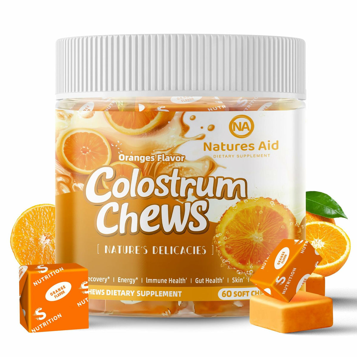 BestBy12/26 Natures Aid Colostrum Chews Probiotics Gut Health Orange 60 Sv