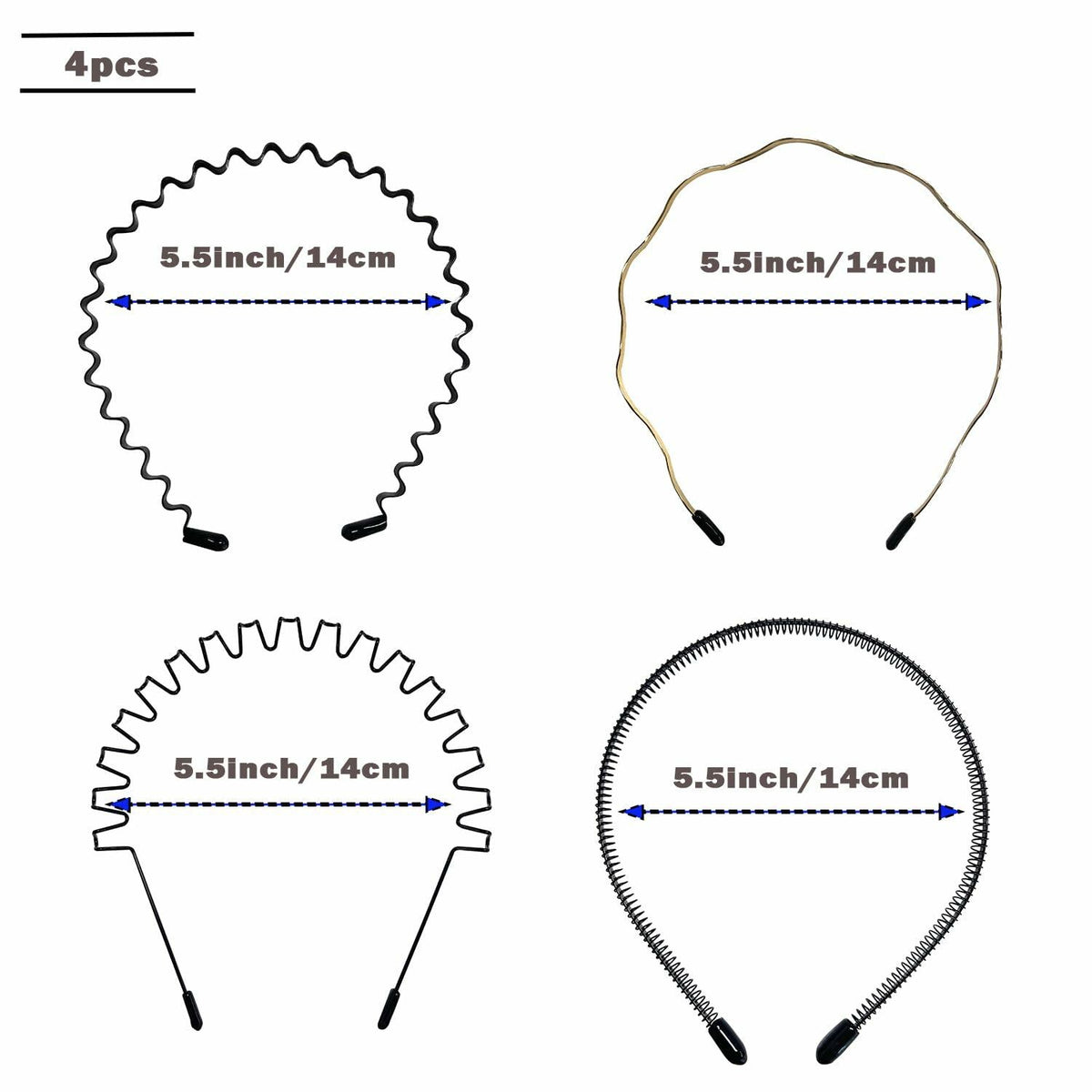 WEIMAISI 4pcs Black Metal Wavy Non Slip Hair Hoop Headband Accessories