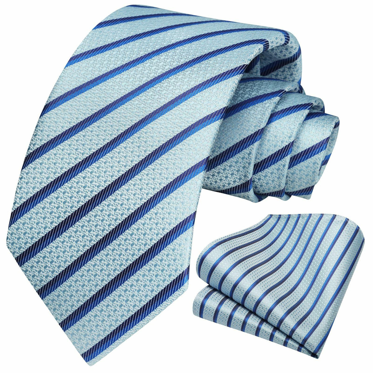 [Like New] HISDERN Men's Silk Striped Necktie & Handkerchief Set Light Green Size 8.5cm