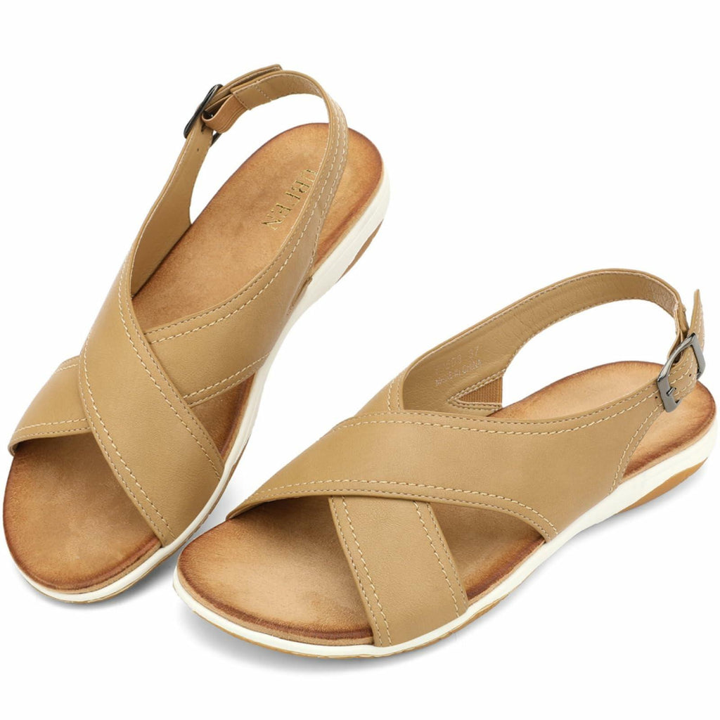 UBFEN Womens Flat Sandals Arch Support Adjustable Slingback Khaki Size 10.5 inches