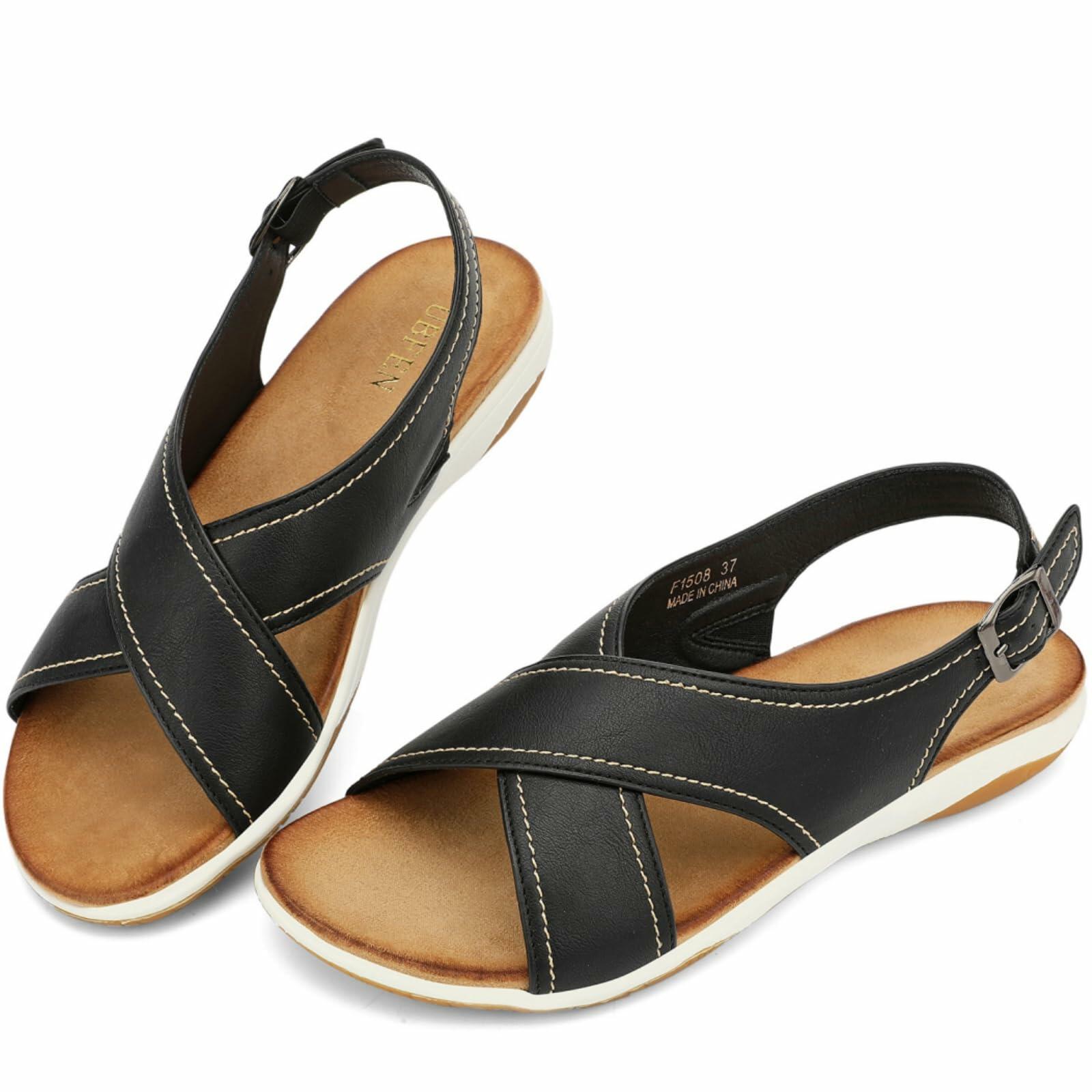 UBFEN Womens Flat Sandals Arch Support Slingback Black Size 9