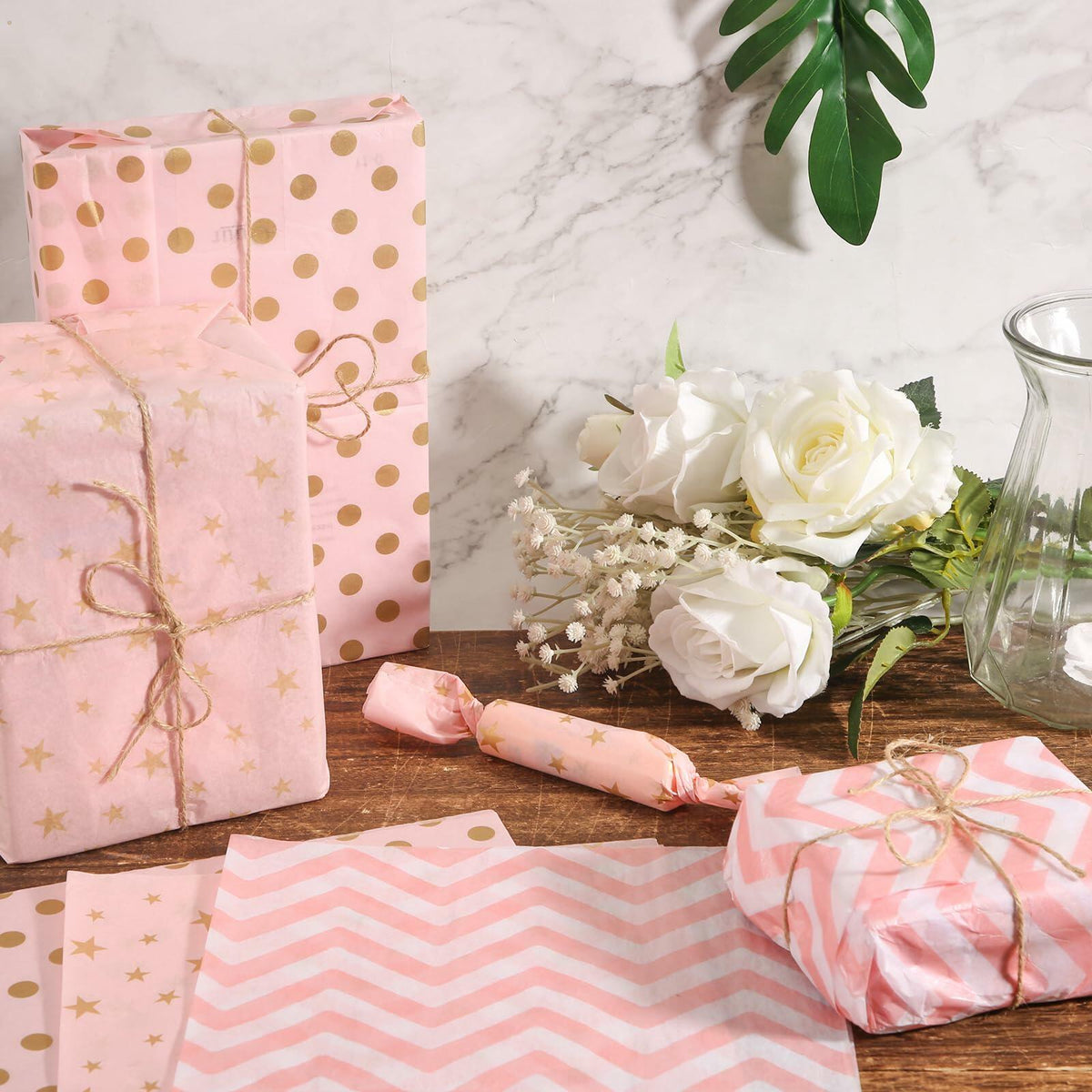 30 Sheets Light Pink Tissue Paper 19.6x13.7in Star Dot Wavy Gift Wrap