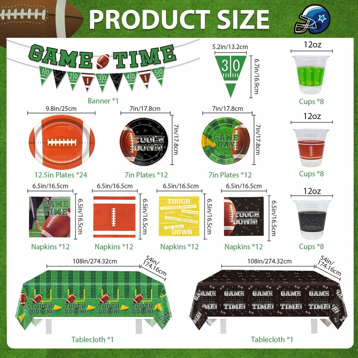 Yavxzvbw Football Party Plates Tablecloth Decor Supplies Green Birthday