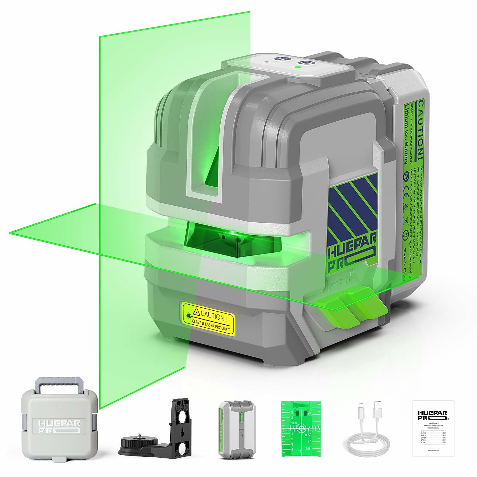 Huepar Pro Rechargeable Green Cross Line Laser Level 360° Magnetic Bracket