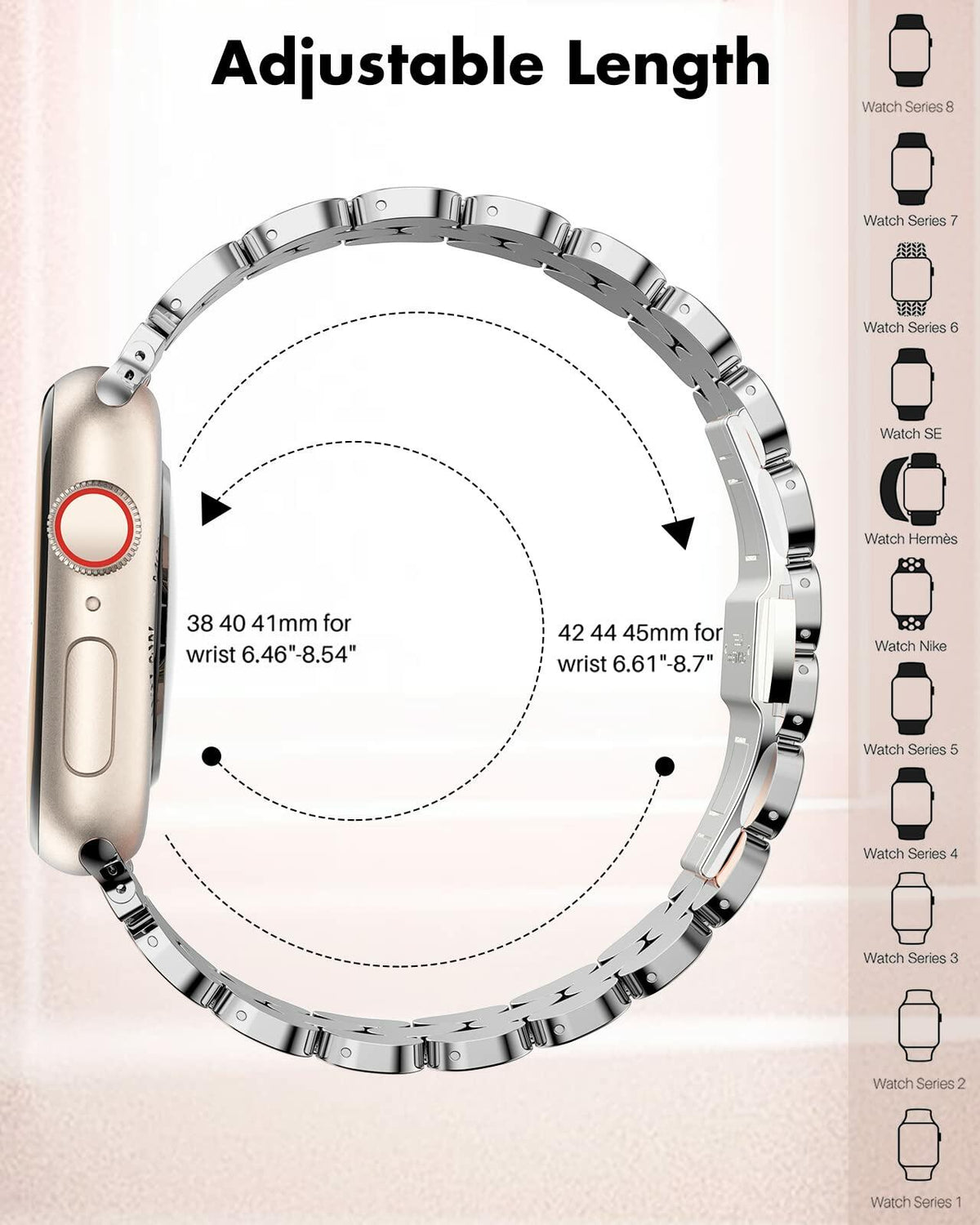 TISIMO Stainless Steel Apple Watch Band Silver Rose Gold Size 38-45mm