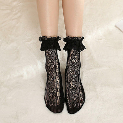 YWAOAIJD Women's Lace Ruffle Ankle Socks Mesh Trim 4 Pairs Size 5-9 Black White