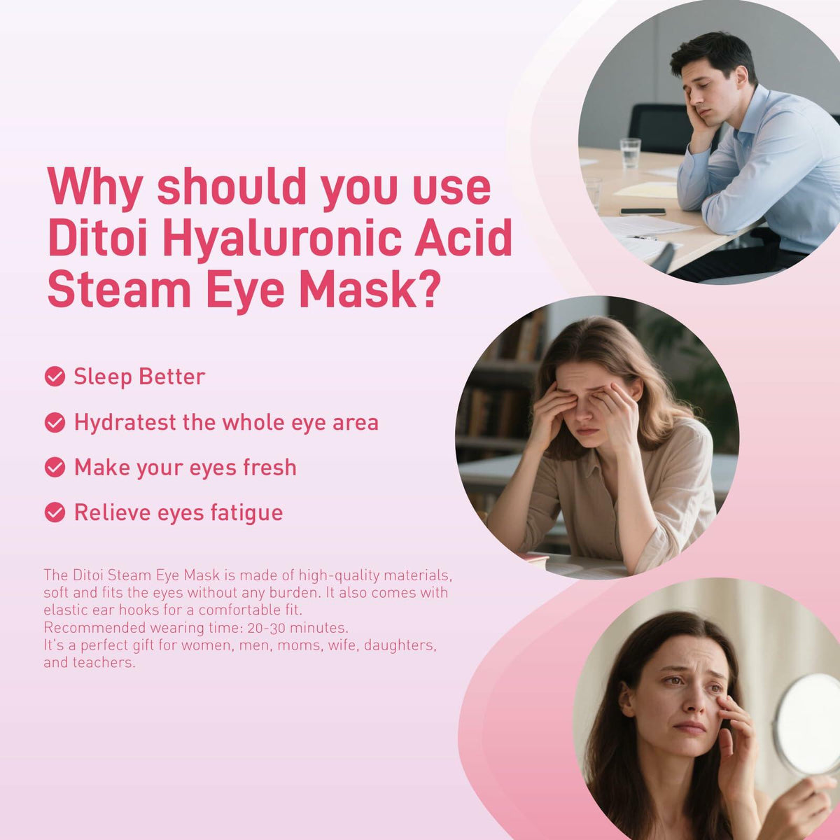 Ditoi Heated Steam Eye Mask with Hyaluronic Acid Rose 10 Count Pack