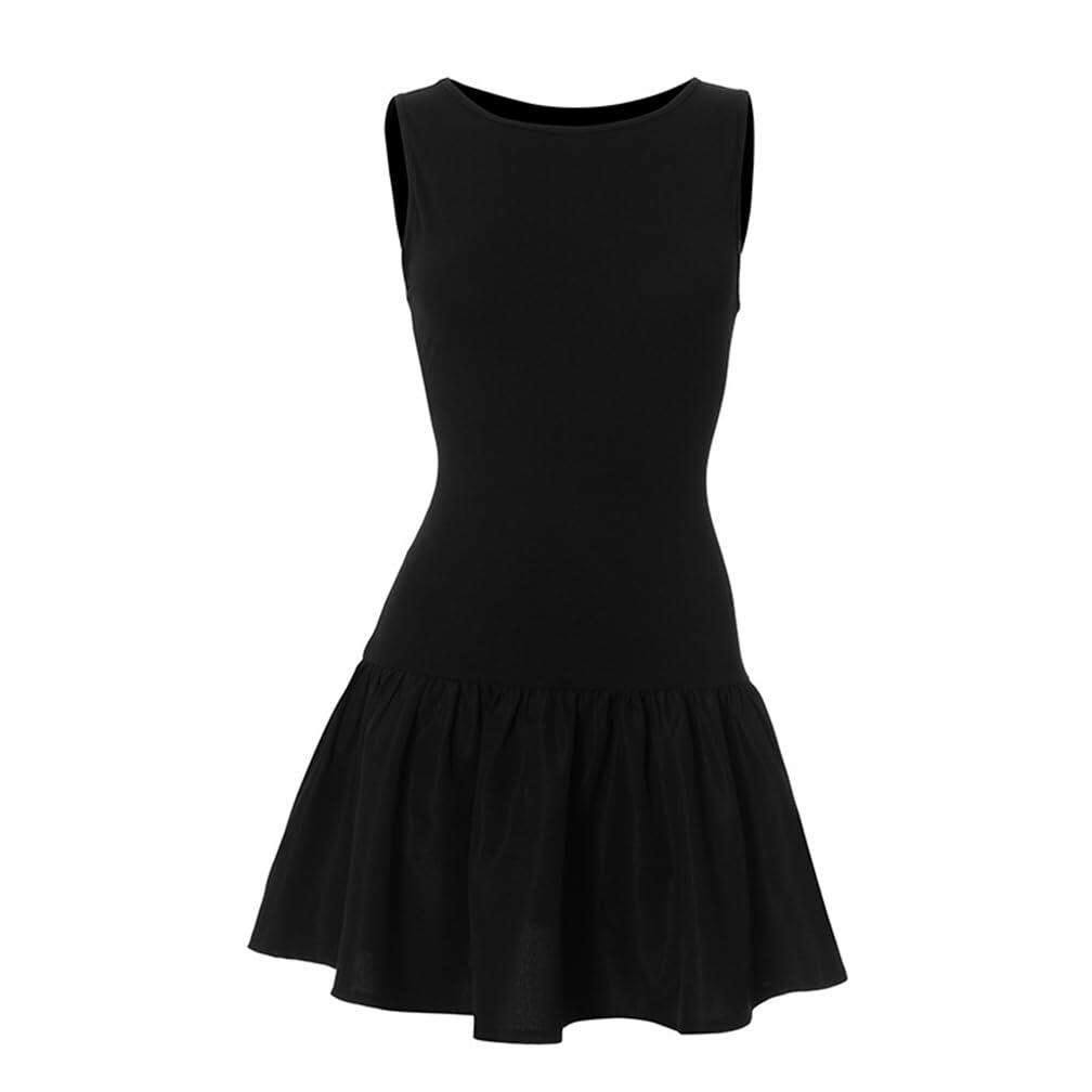 FWSAM Women Sleeveless Mini Dress Crew Neck Ruffle Hem Black Size L