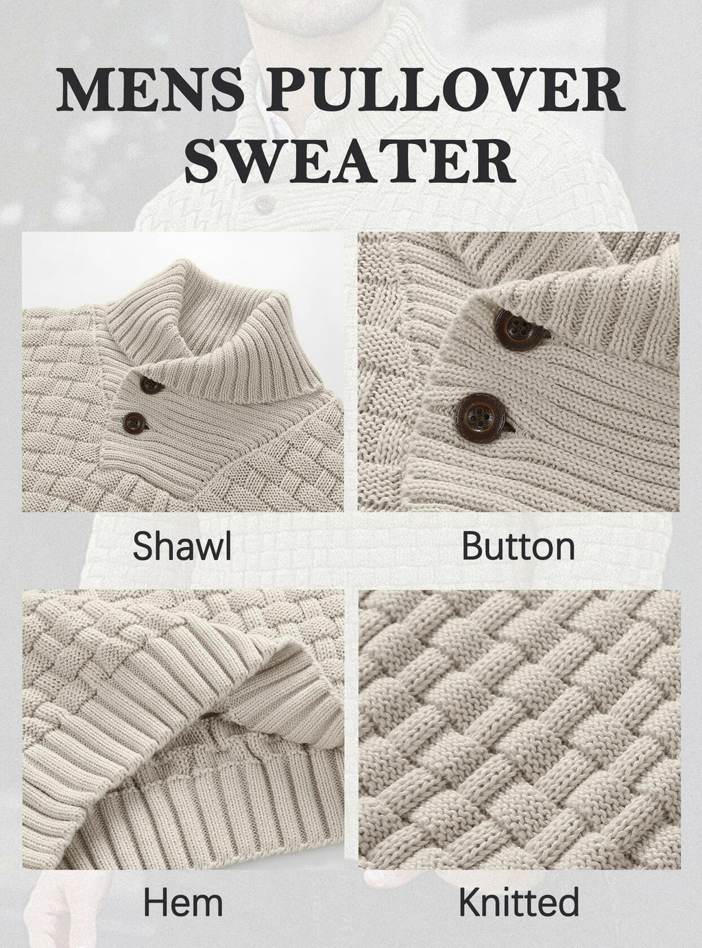 Arcciit Mens Pullover Shawl Collar Cable Knit Sweater Khaki Size 3X-Large
