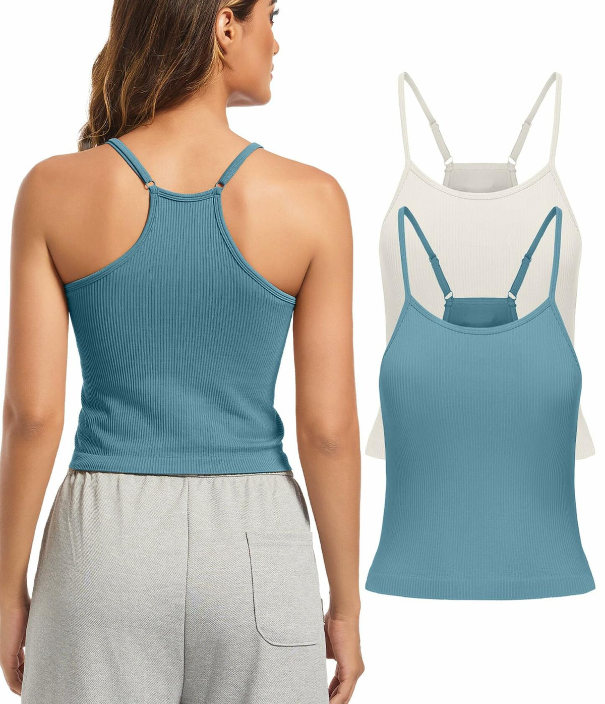 OVESPORT 2 Pack Women’s Workout Tank Tops Built-In Bra Blue/White M