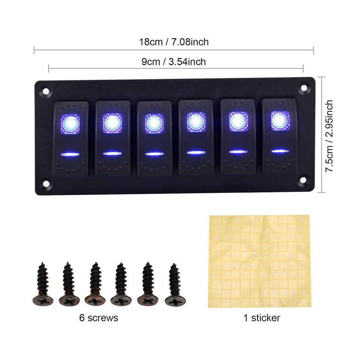 Garfour Marine 6 Gang 5 Pin Red LED Aluminum Rocker Switch Panel