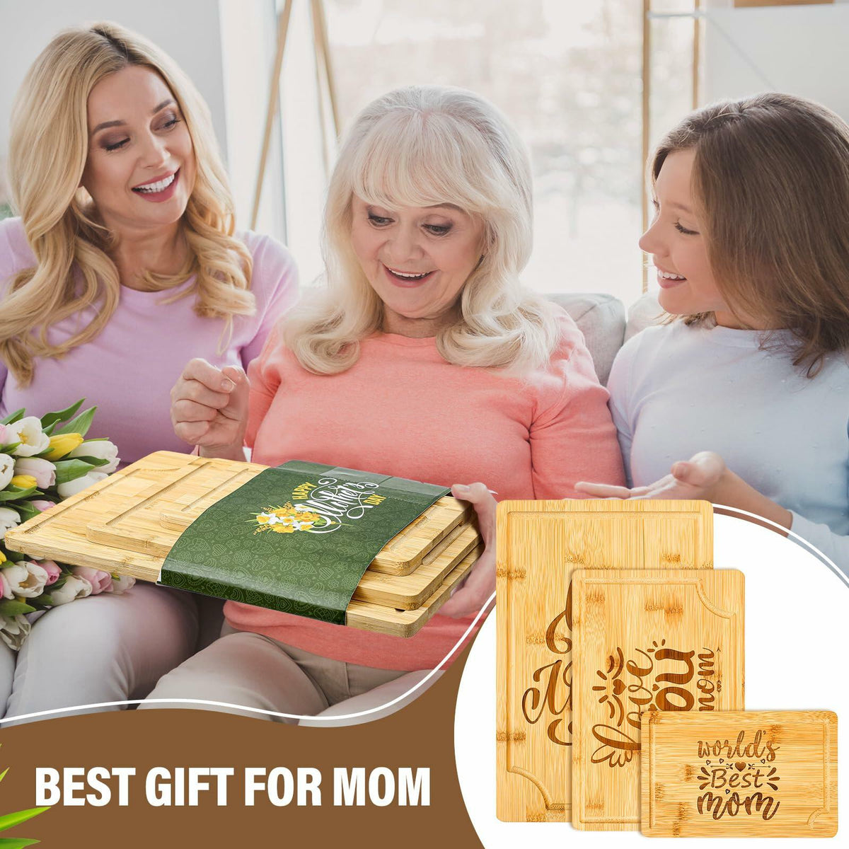 Didaey Bamboo Wood Cutting Board Gift Set for Mom Grandma 3 Pieces