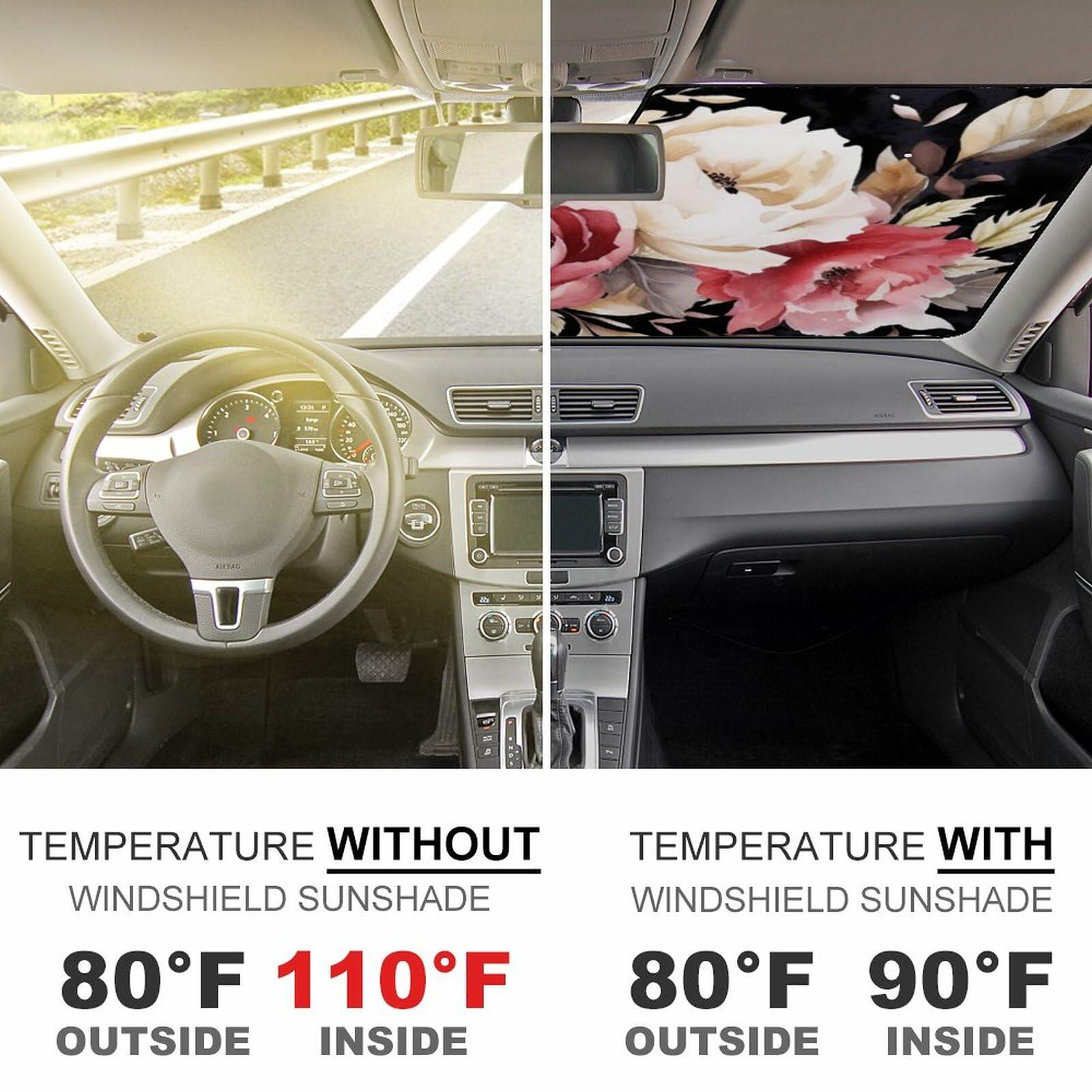 BAHELS Watercolor Black Floral Windshield Sun Shade UV Protector 55x30
