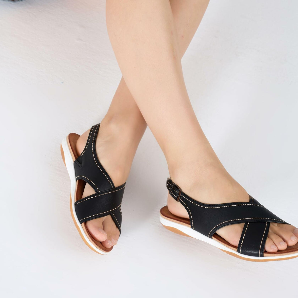 UBFEN Womens Flat Sandals Arch Support Slingback Black Size 10.5