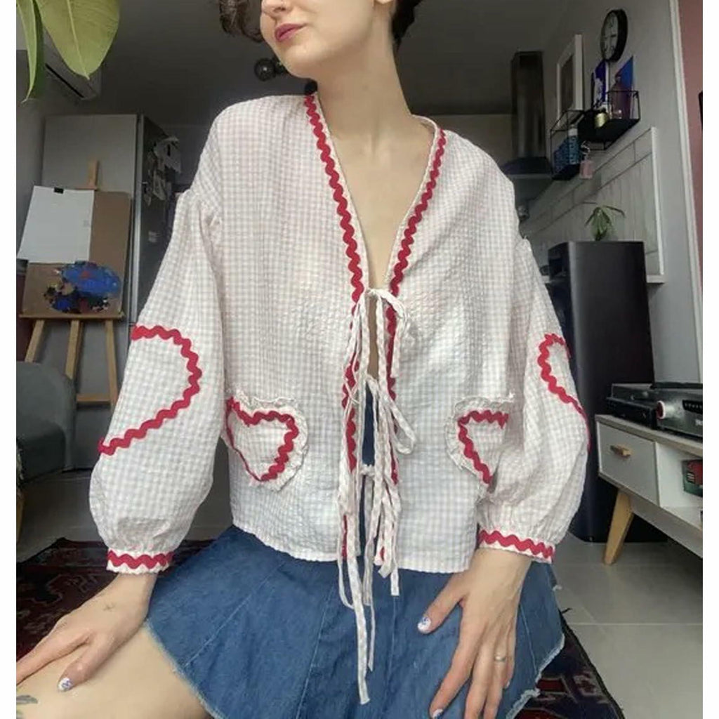 MANGMAO Gingham Babydoll Tie Front Puff Sleeve Top Khaki Size S