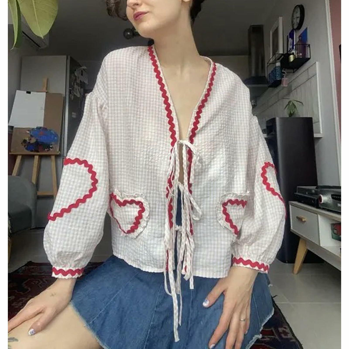 MANGMAO Gingham Babydoll Tie Front Puff Sleeve Top Khaki Size S