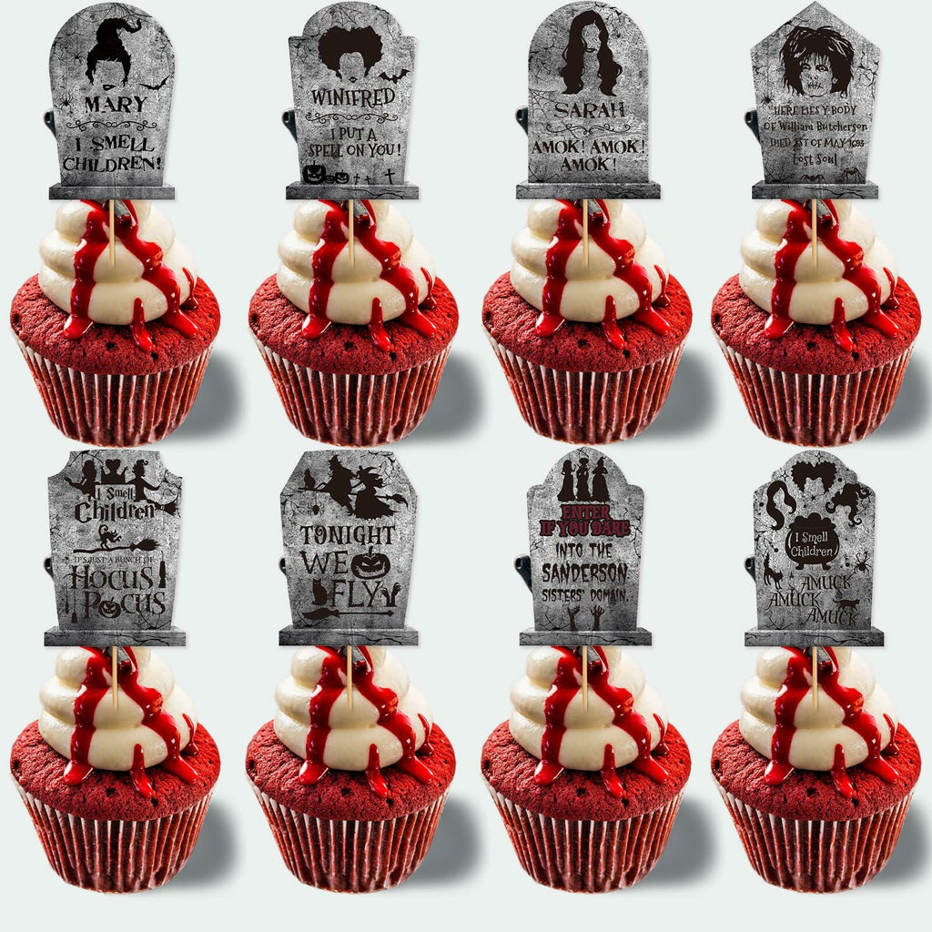 LeeSky 32Pcs Halloween Gravestone Cupcake Toppers Orange Black Purple Paper