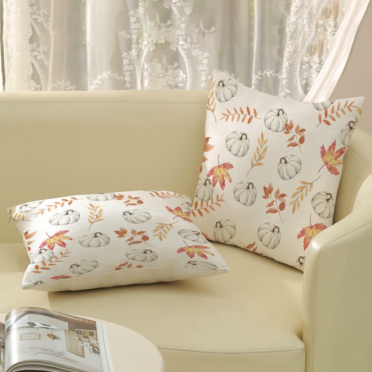 OFIRD Fall Decor Pillow Covers 20x20 White Pumpkin Maple Leaves Pack of 2