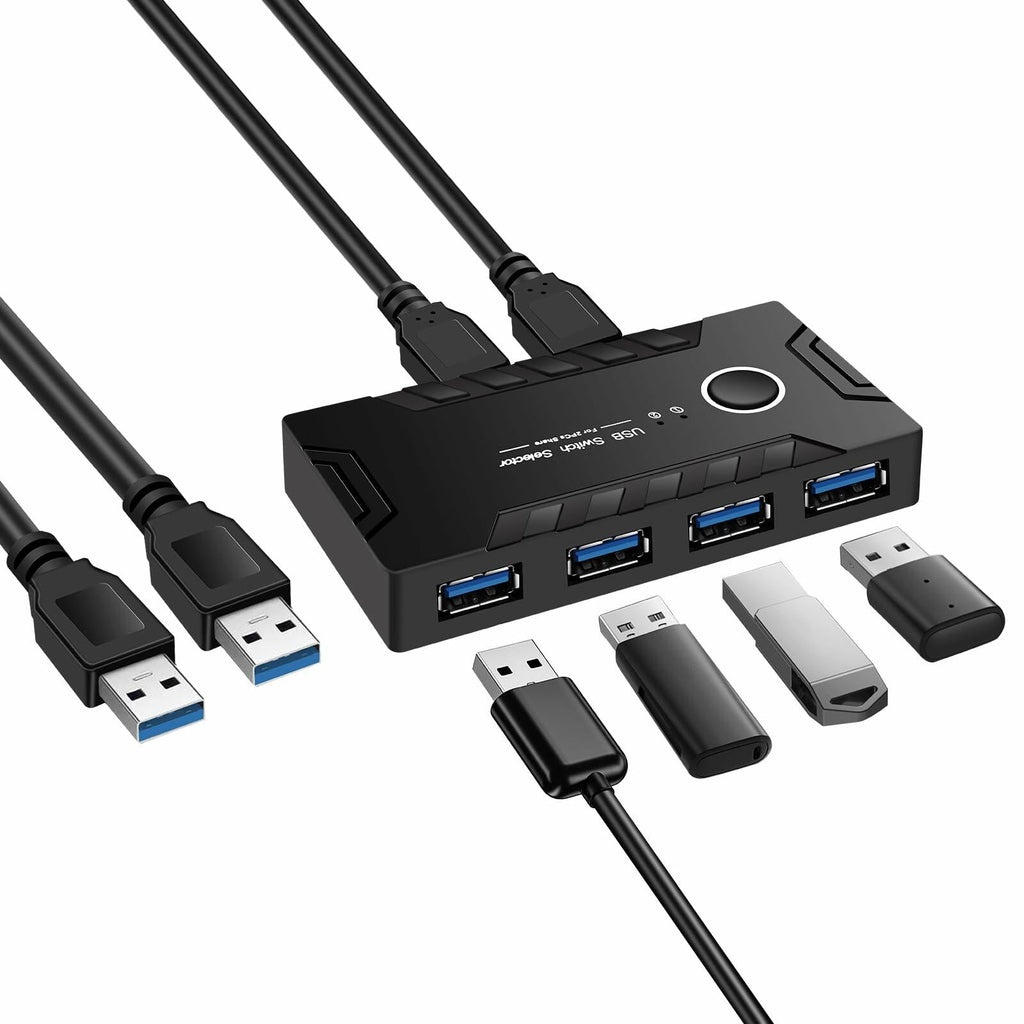 USB 3.0 KVM Switch 2 Computers Share 4 USB Devices One-Button + 2 USB Cables