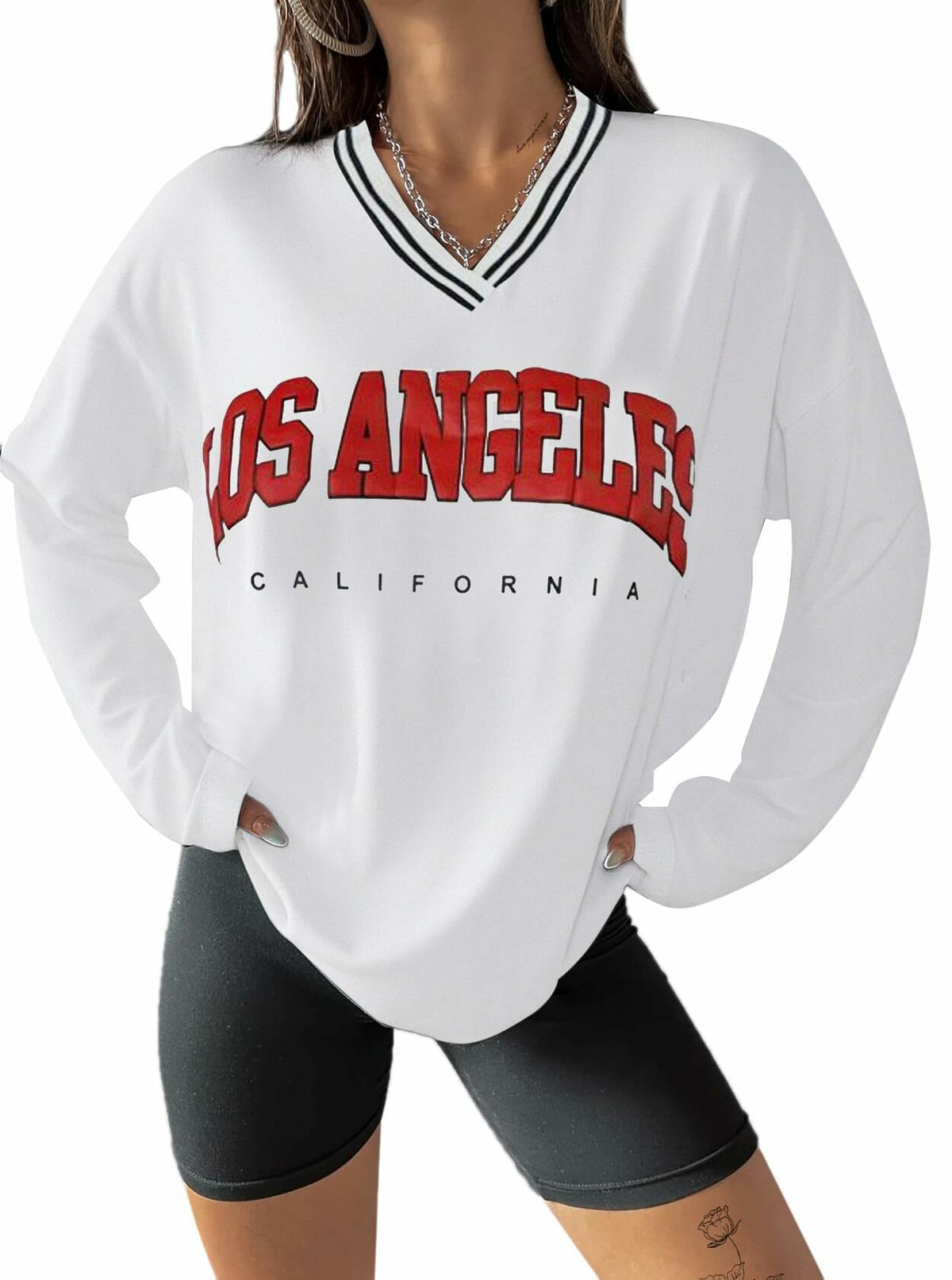 Hilinker Women's Oversized Graphic V Neck Long Sleeve Tee White Red Size L