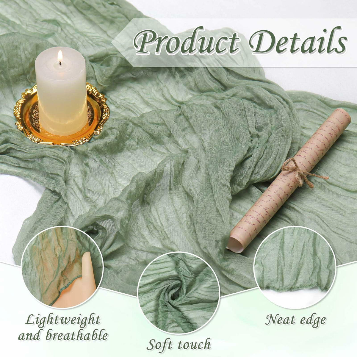 Fall Table Runner Cheesecloth 10FT Boho Rustic Gauze Sage Green 1 Pack