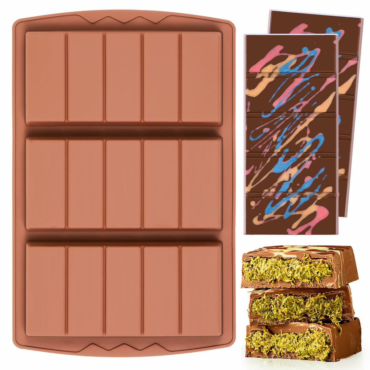 KASHME Chocolate Bar Mold Deep Large Silicone Candy Bar 5 Snap Rectangle