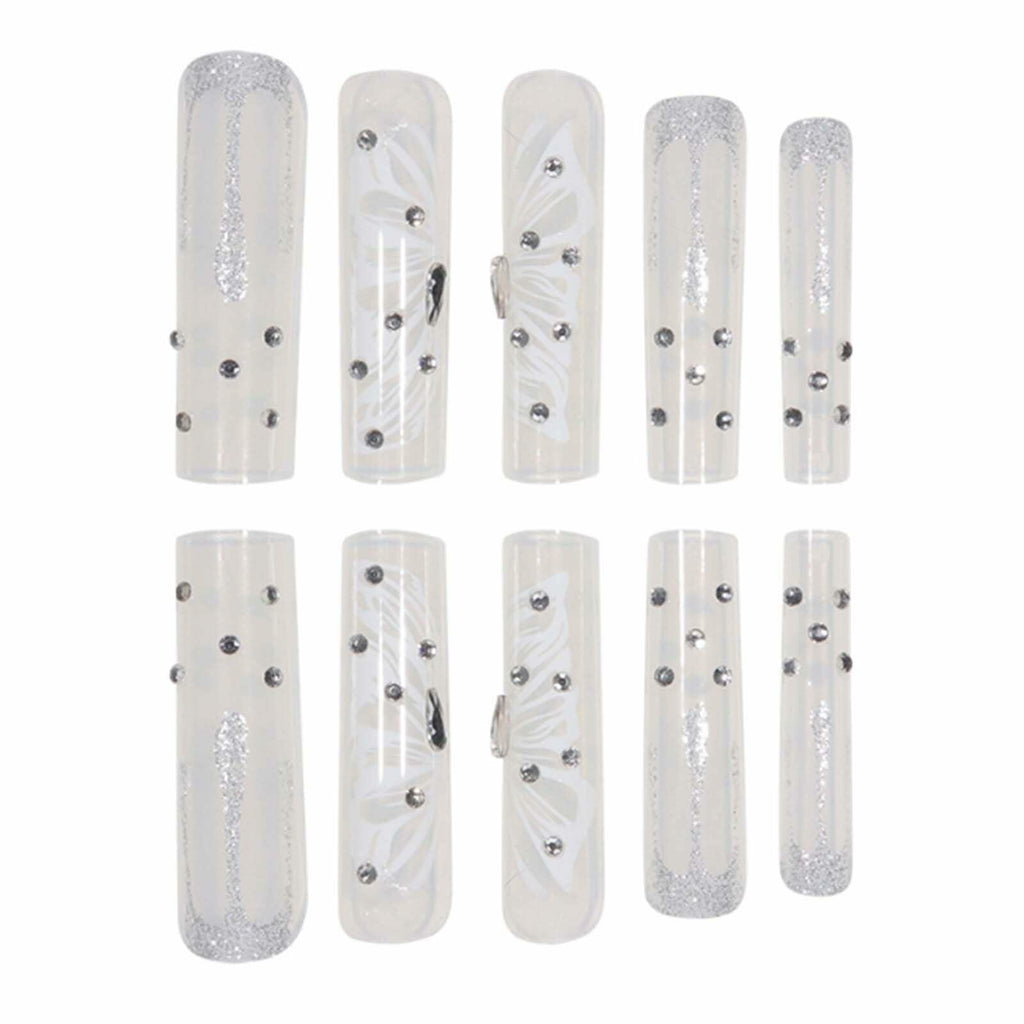 Gifiky Long Square Press-On Nails 24Pcs Gray Glitter Marble Fake Nails Women
