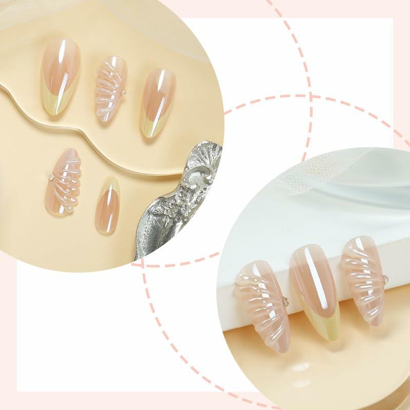 Butterfly Nail Art Clear Acrylic Almond Nails Gold Tips 3D Rhinestone