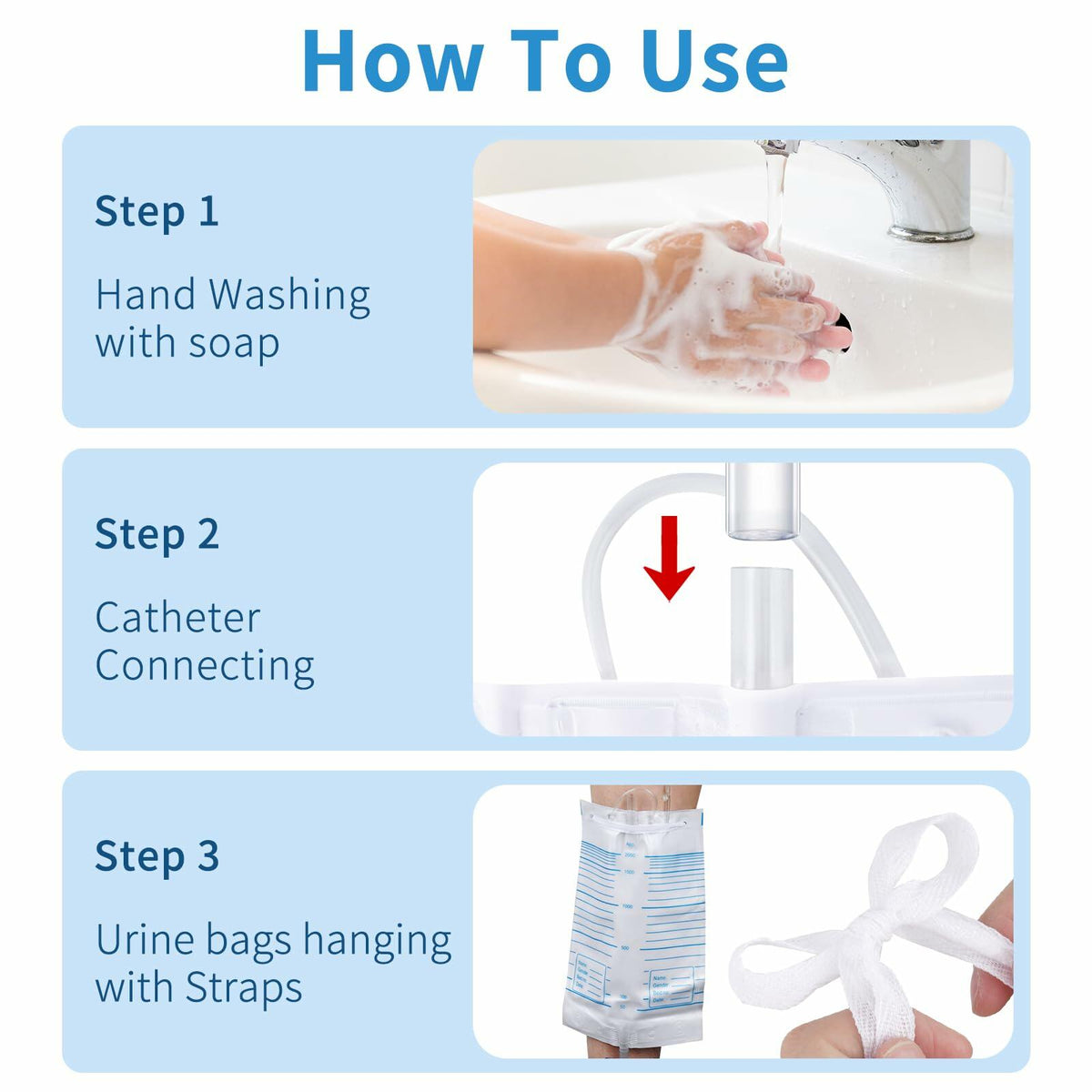 Plus tard 6Pack Catheter Urine Bags 67.6oz 2000ml White with Cloth Straps