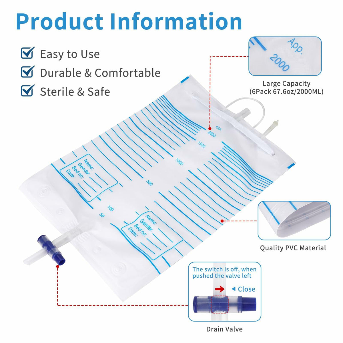 Plus tard 6Pack Catheter Urine Bags 67.6oz 2000ml White with Cloth Straps
