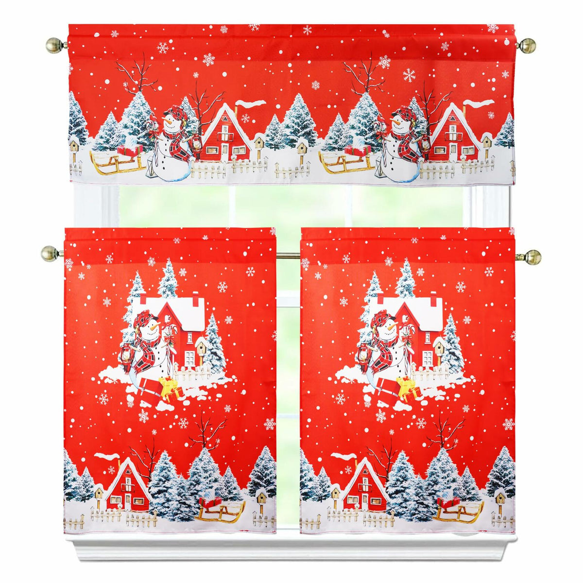 aiwkjdns 3 Piece Christmas Kitchen Window Curtains Set Red Rayon 27.5x36 in